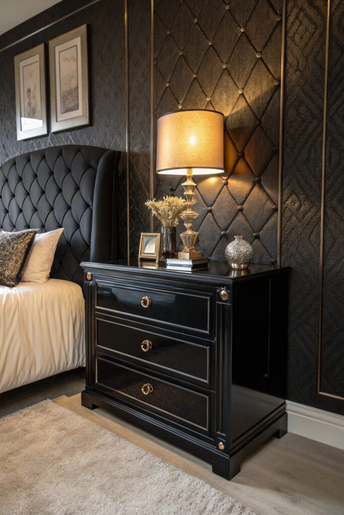12 Black Themed Bedroom Ideas That Feel Bold, Modern, and Cozy matte glossy black finishes mix bedroom