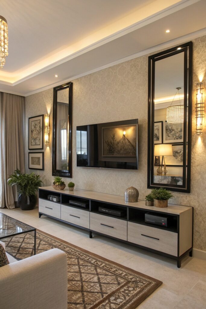 mirror media wall living room
