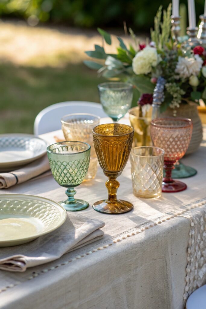 mismatched vintage glassware summer tablescape