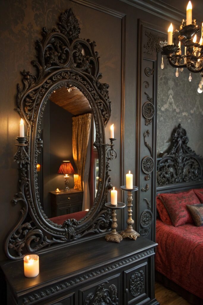 12 Whimsy Goth Bedroom Ideas for a Dark Yet Cozy Aesthetic ornate mirrors statement pieces whimsy goth bedroom
