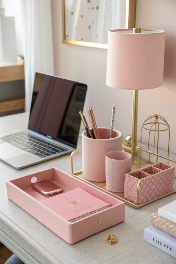 12 Pink Dorm Room Ideas That Are Cute and Stylish pastel pink desk accessories dorm room organization