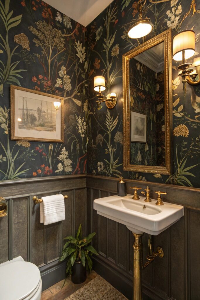 11 Moody Vintage Bathroom Ideas That Blend Elegance With Charm rich wallpaper moody bathroom pattern