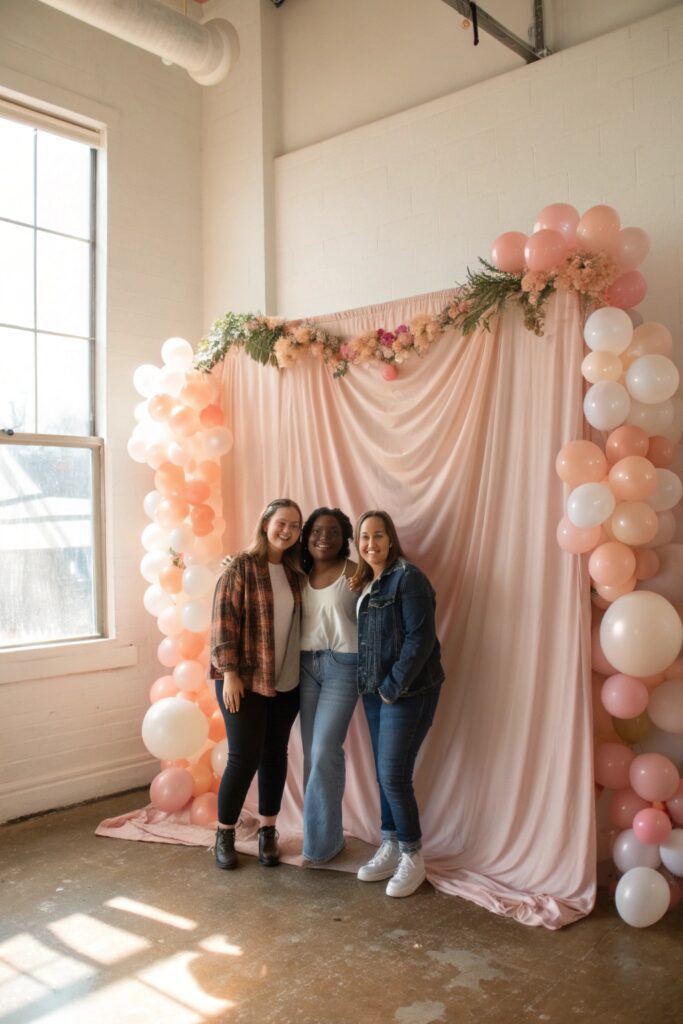 "Friends posing at blush pink photo backdrop for Galentine's Day party"