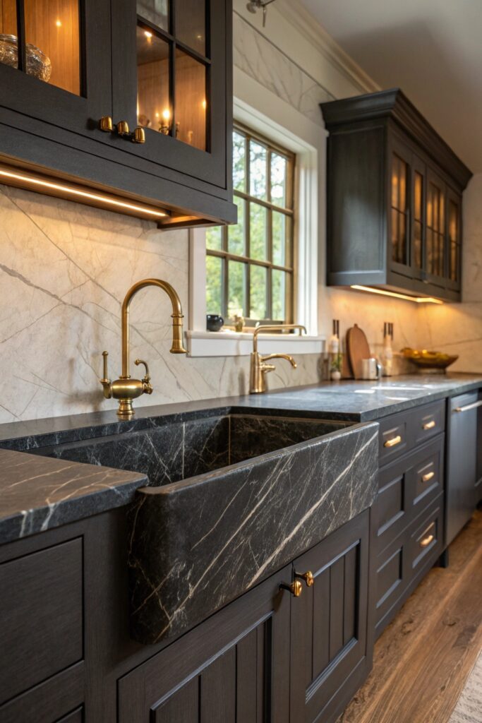 10 Moody Farmhouse Kitchen Ideas Full of Warmth and Character soapstone dark stone countertops moody farmhouse kitchen