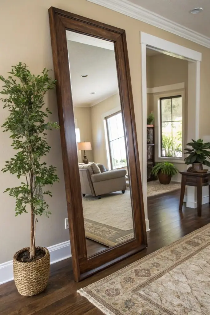 tall mirror open space living room corner