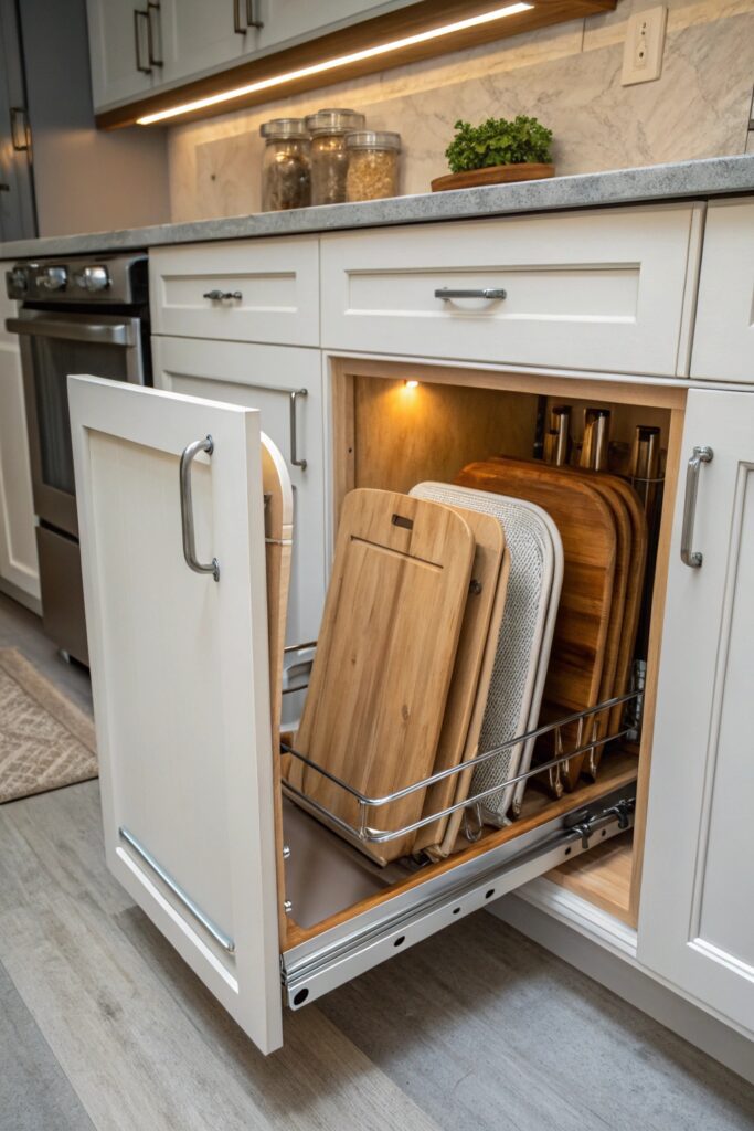 15 Kitchen Organization Hacks That Save Time and Space tension rods organize cutting boards kitchen