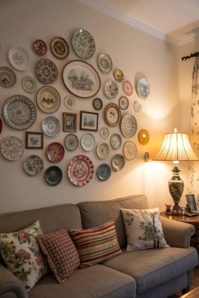 12 Above Couch Decor Ideas That Make Your Living Room Stand Out collection plates ceramics above couch