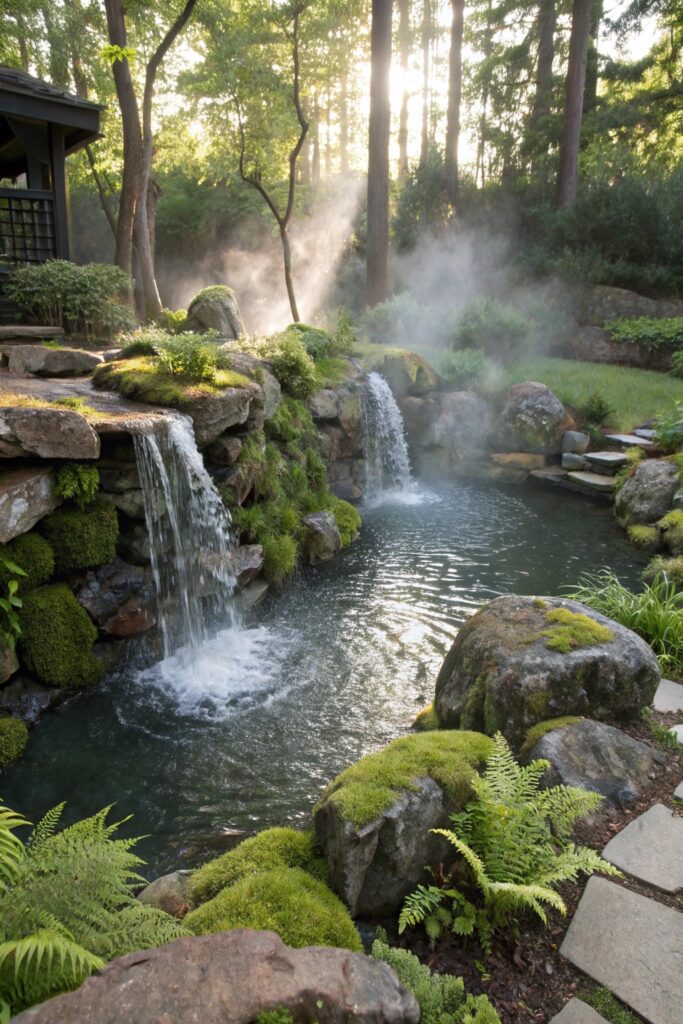 12 Pond Ideas to Brighten Up Your Yard All Year Round waterfall fed pond backyard feature