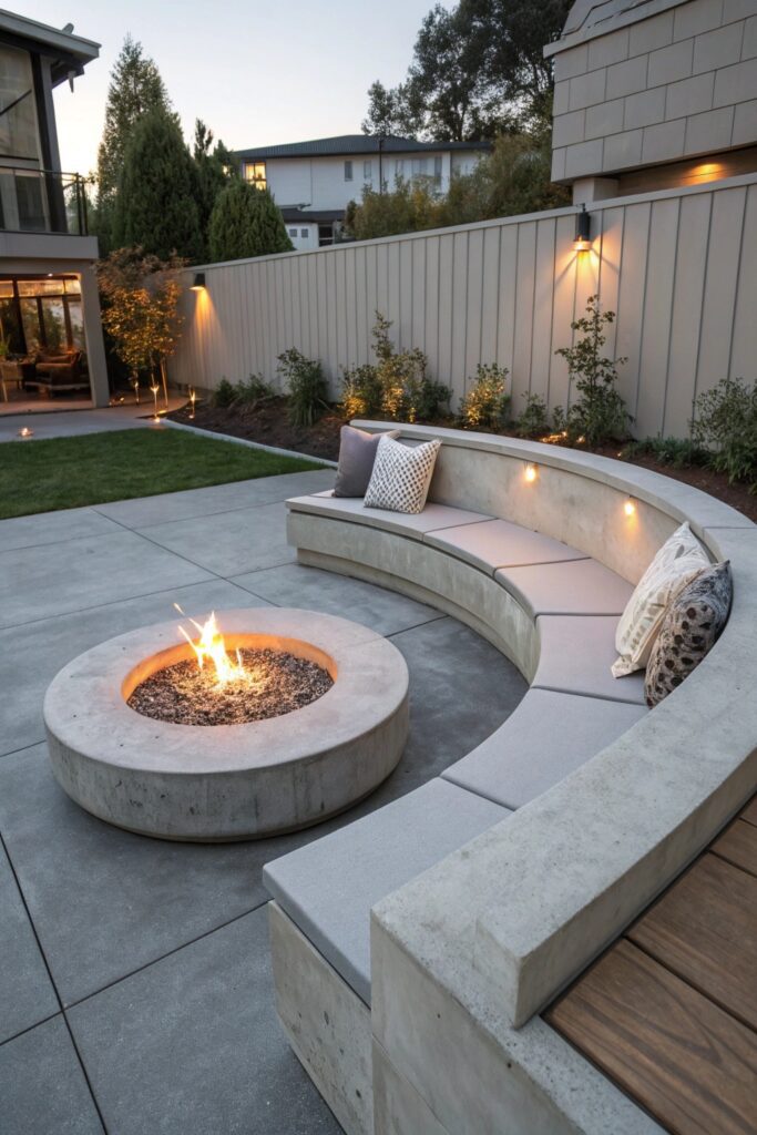 curved concrete seating wall fire pit