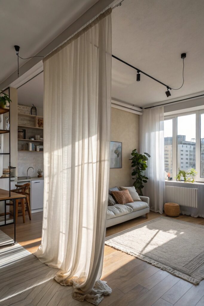 14 Studio Apartment Ideas That Maximize Every Square Foot curtains room divider instead walls studio apartment