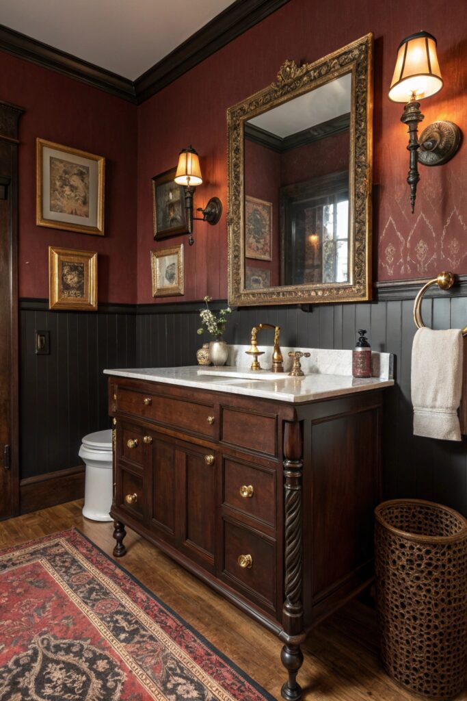 11 Moody Vintage Bathroom Ideas That Blend Elegance With Charm dark wood vanity cabinetry moody bathroom