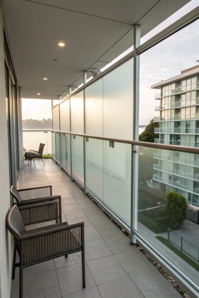 12 Apartment Balcony Privacy Ideas for a Cozy Outdoor Retreat frosted window film glass railings balcony