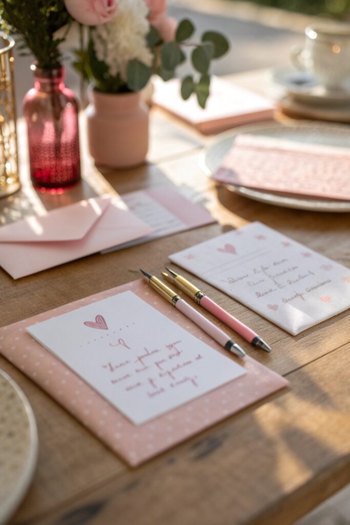 "Handwritten appreciation notes at table setting for Galentine's Day party"