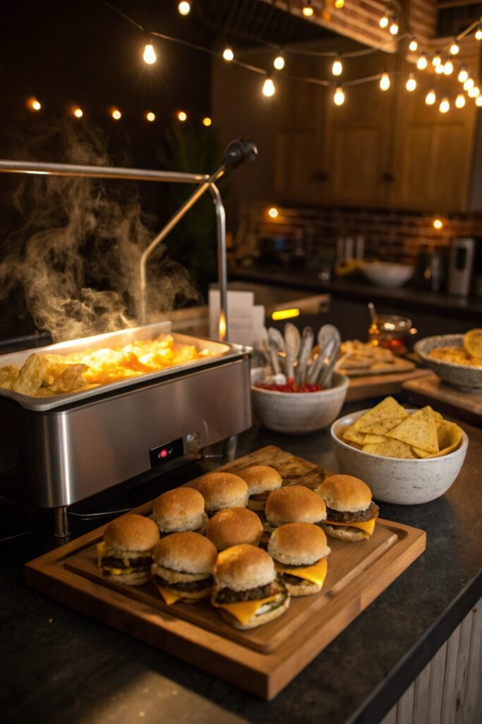 12 New Year's Eve Party Ideas That Everyone Will Remember "Late-night comfort food station with sliders and nacho bar at party"