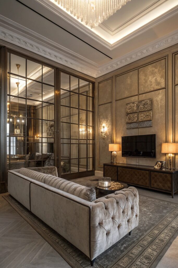 mirrored accent wall living room