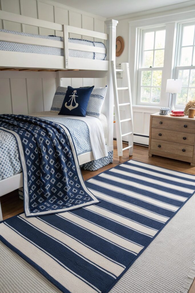 navy white striped accent dorm room