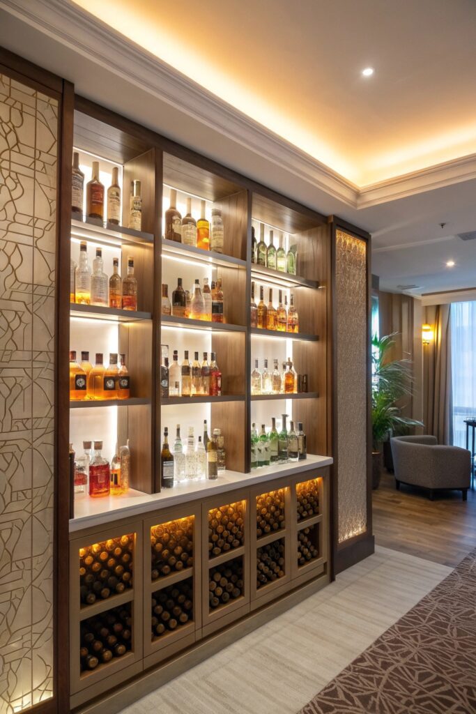 10 Home Lounge Room Bar Ideas Perfect for Entertaining Guests open shelving display bottles decor