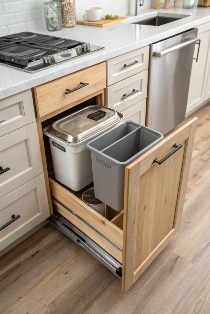 15 Kitchen Organization Hacks That Save Time and Space pull out trash recycling system kitchen