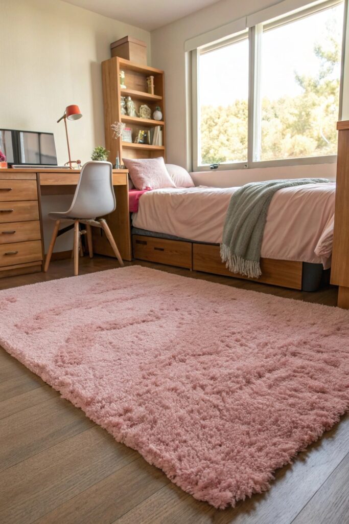 12 Pink Dorm Room Ideas That Are Cute and Stylish soft pink area rug dorm room