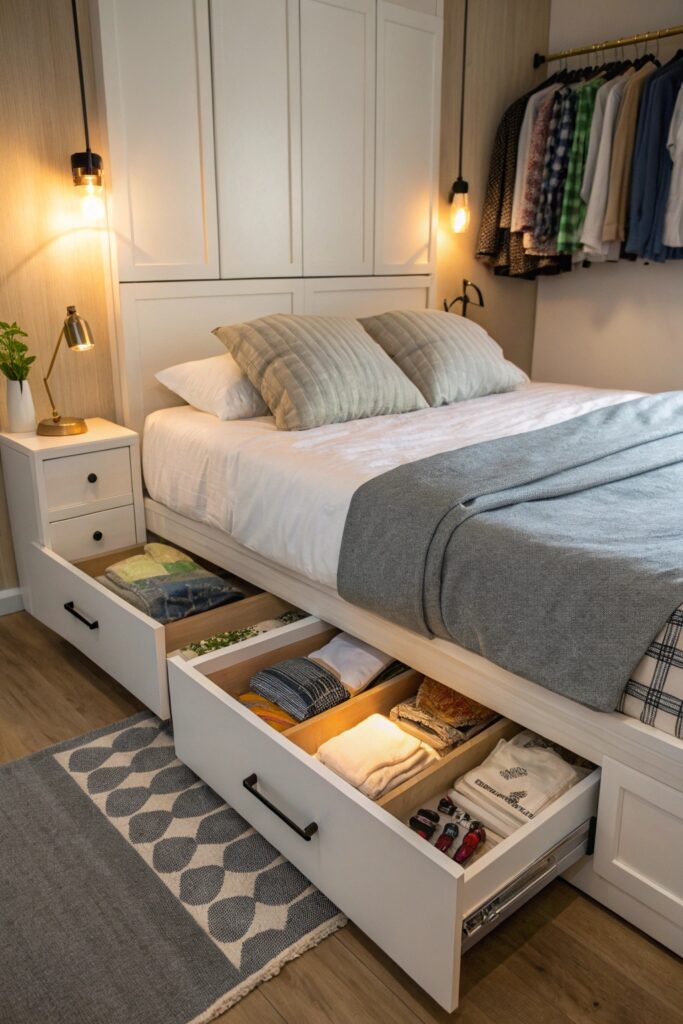 15 Small Space Living Essentials Every Apartment Needs bed frame built in storage small space essential