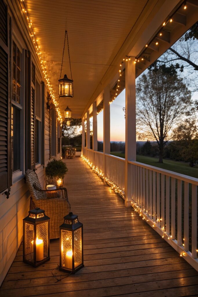 string lights lanterns ambiance long porch