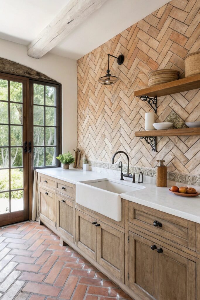 10 Moody Farmhouse Kitchen Ideas Full of Warmth and Character textured backsplash tile moody farmhouse kitchen