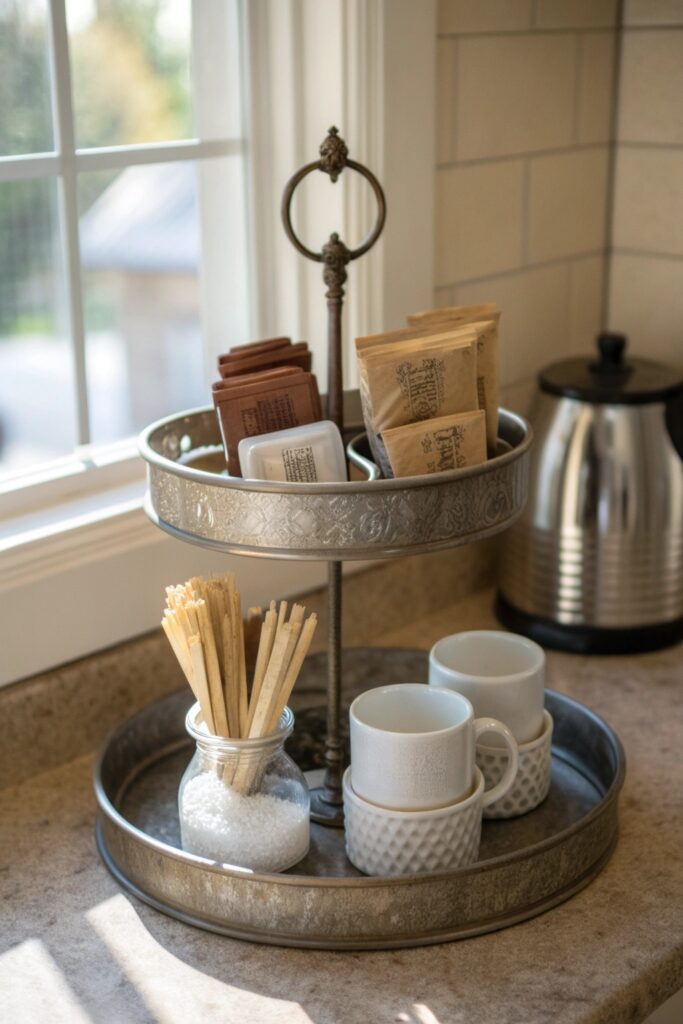 15 DIY Home Coffee Bar Ideas You'll Want to Copy This Weekend tiered tray small essentials diy coffee bar