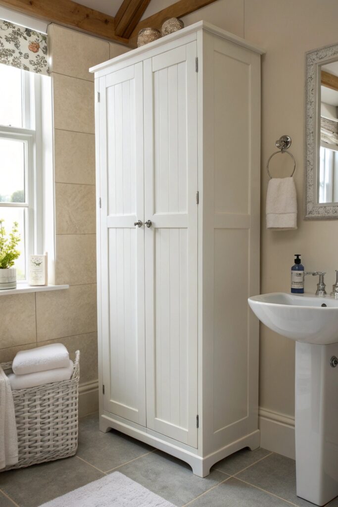 14 Small Bathroom Ideas That Make Tiny Spaces Feel Bigger vertical storage tall cabinet small bathroom