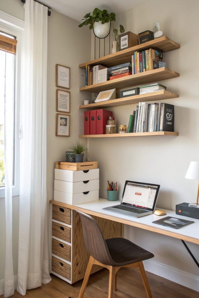 12 Home Office Ideas That Boost Productivity in Small Spaces vertical storage above desk small office