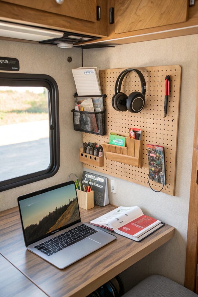 10 RV Home Office Inspiration Ideas for Working From Anywhere RV vertical storage wall above desk office supplies