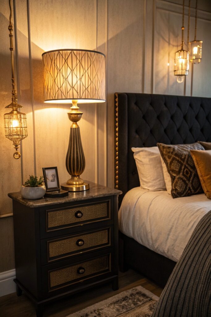 12 Black Themed Bedroom Ideas That Feel Bold, Modern, and Cozy warm layered lighting black bedroom