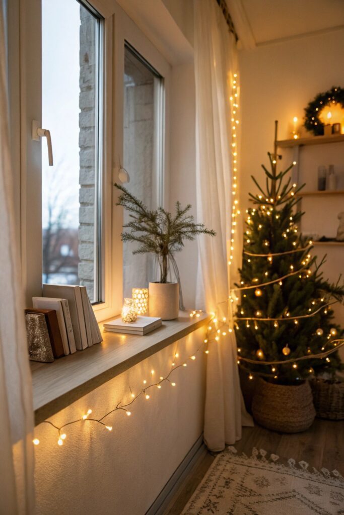 10 Minimalist Christmas Decorations for a Calm Holiday Home "Warm white LED string lights on shelf edge for calm minimalist Christmas decor"