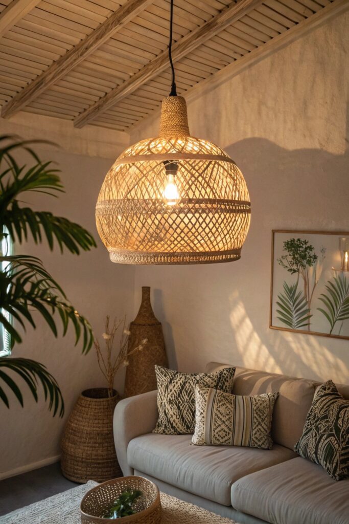 15 Modern Bohemian Living Room Ideas You'll Fall in Love With woven pendant light boho living room