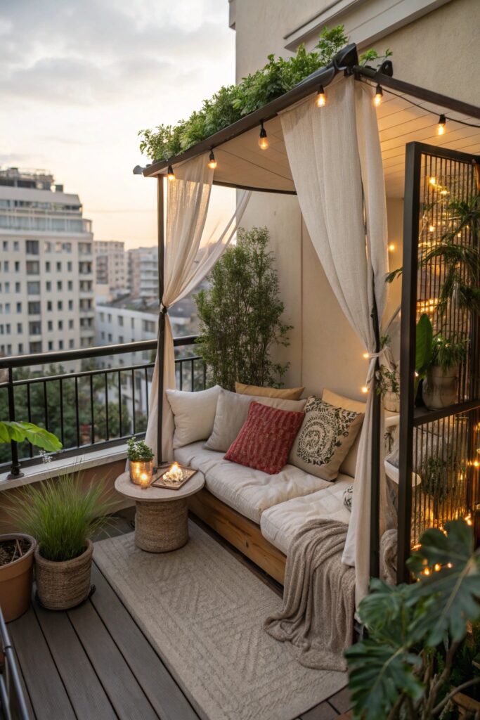 12 Apartment Balcony Privacy Ideas for a Cozy Outdoor Retreat corner nook canopy balcony privacy