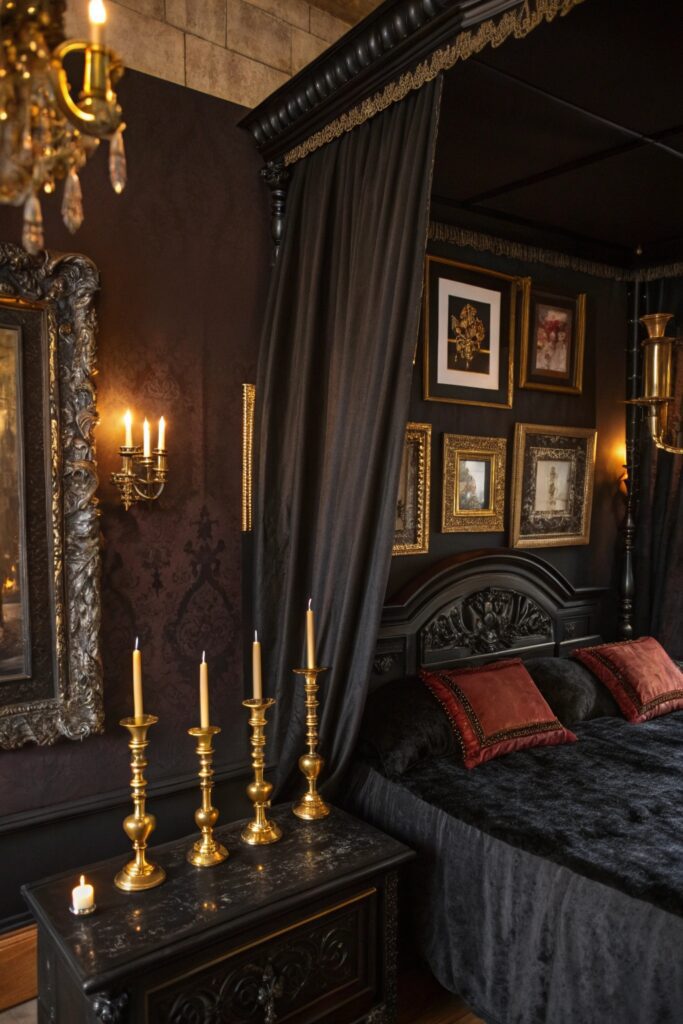 12 Whimsy Goth Bedroom Ideas for a Dark Yet Cozy Aesthetic metallic black gold accents whimsy goth bedroom