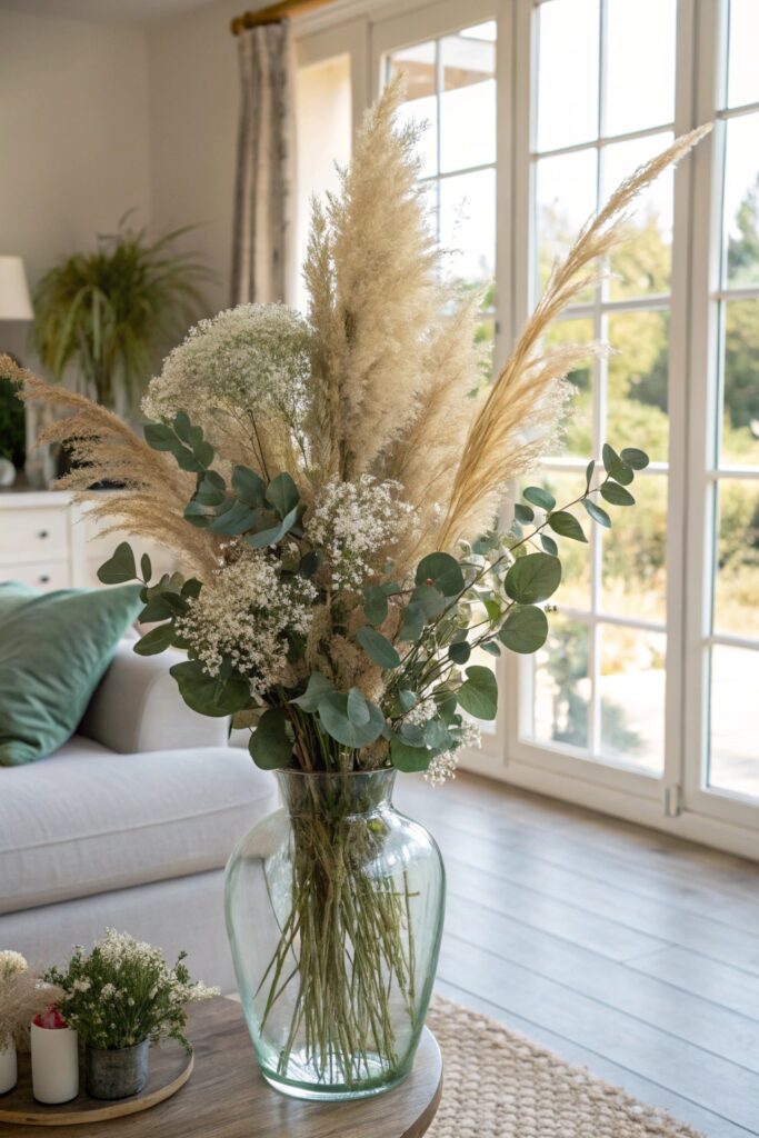 15 Pampas Grass Decor Ideas to Create a Cozy Modern Home combine pampas grass dried florals mixed arrangement