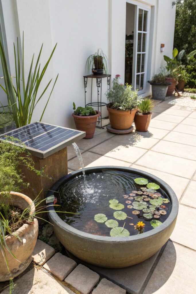 12 Pond Ideas to Brighten Up Your Yard All Year Round container pond solar fountain sustainable