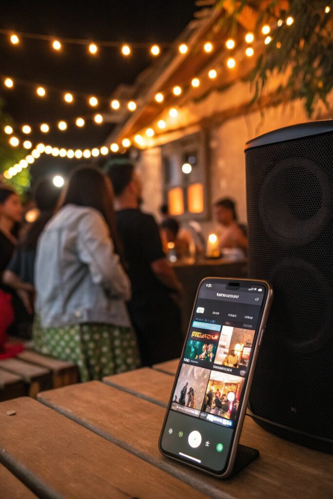 12 New Year's Eve Party Ideas That Everyone Will Remember "Curated New Year's Eve party playlist setup on phone near speaker"