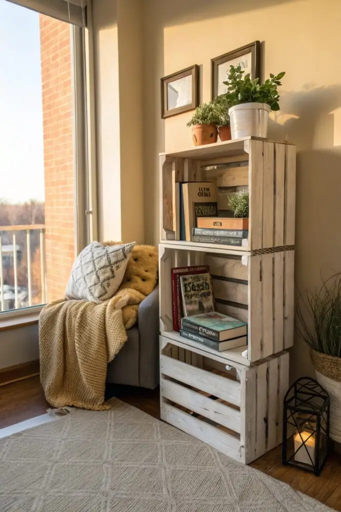 11 College Apartment Living Room Ideas That Are Stylish and Budget-Friendly repurpose crates cinder blocks shelving college apartment