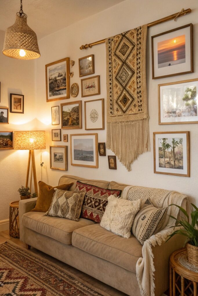 15 Modern Bohemian Living Room Ideas You'll Fall in Love With gallery wall eclectic frames boho living room
