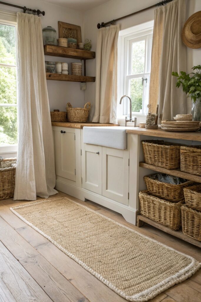 10 Moody Farmhouse Kitchen Ideas Full of Warmth and Character layered textiles natural materials moody farmhouse kitchen