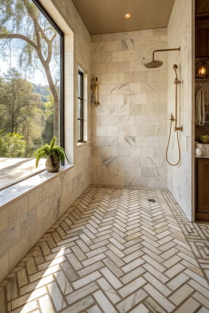 12 Shower Tile Combinations That Make Any Bathroom Look High-End marble herringbone shower floor pattern