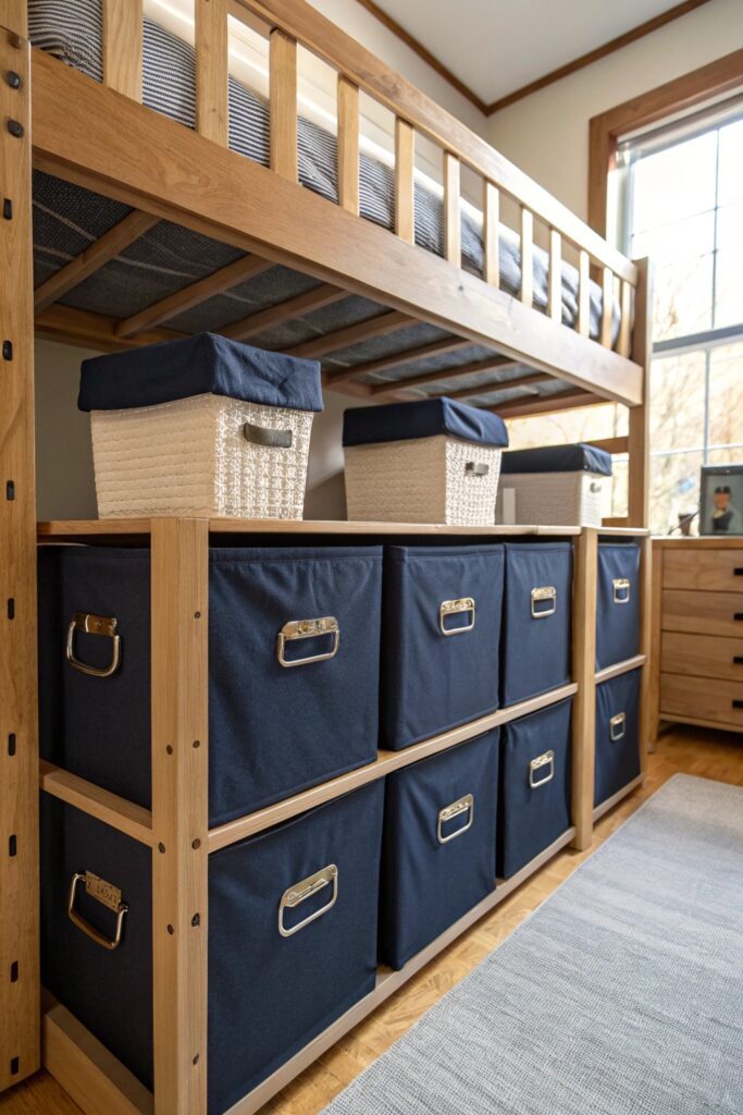 navy storage bins dorm room organization
