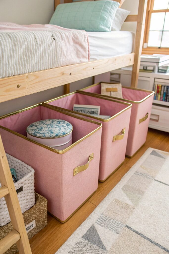 12 Pink Dorm Room Ideas That Are Cute and Stylish pink storage bins dorm room organization