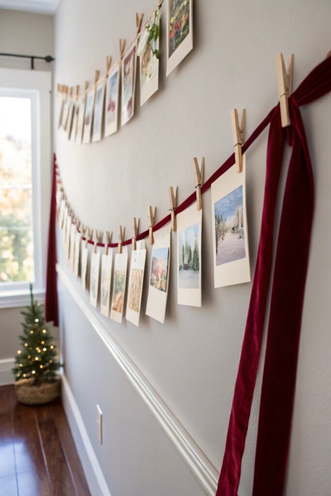 10 Minimalist Christmas Decorations for a Calm Holiday Home "Velvet ribbon garland with holiday cards clipped using wooden clothespins"