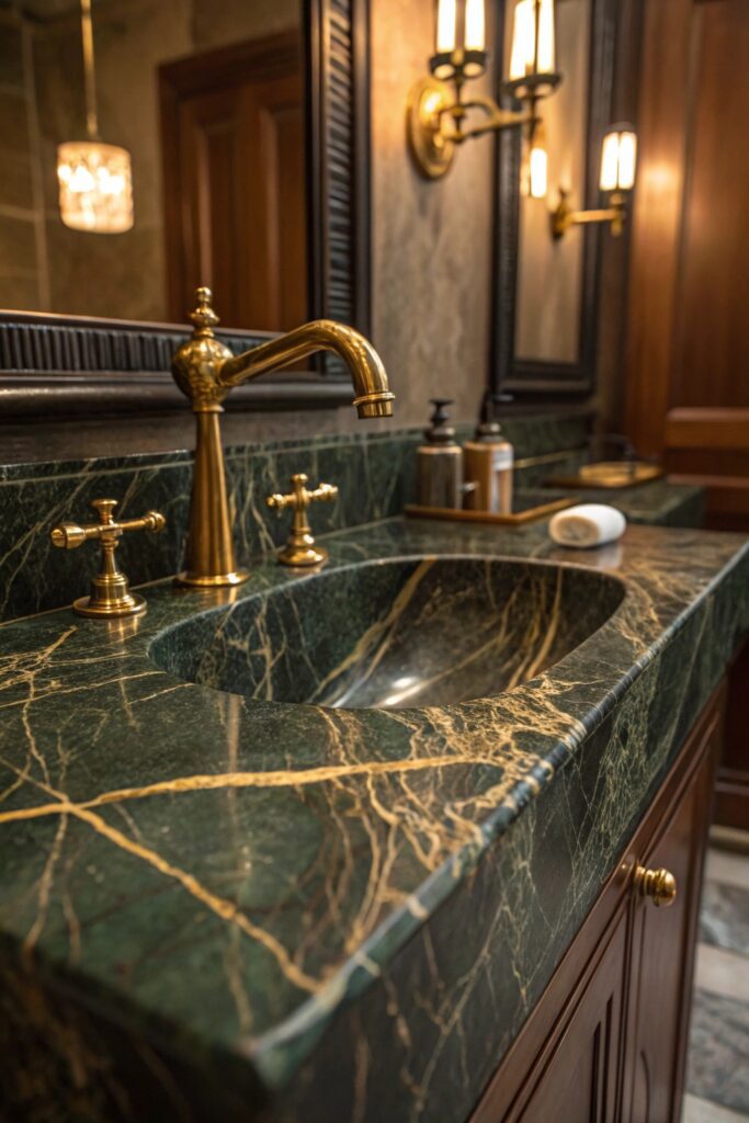11 Moody Vintage Bathroom Ideas That Blend Elegance With Charm marble stone rich veining moody bathroom