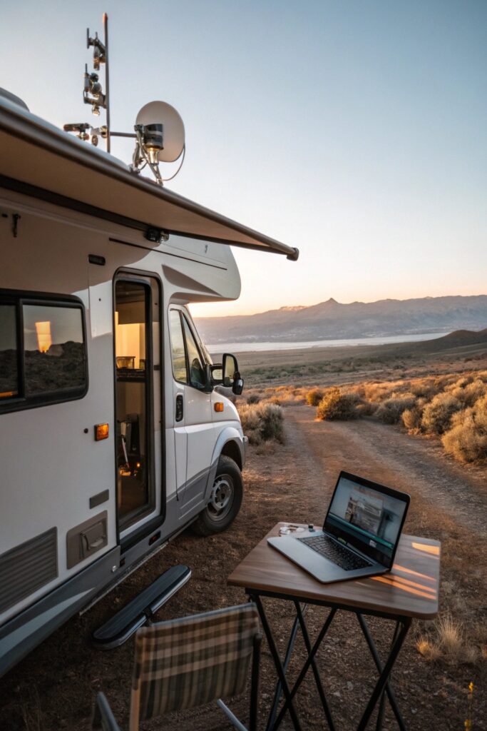 10 RV Home Office Inspiration Ideas for Working From Anywhere RV rooftop antenna wifi connectivity