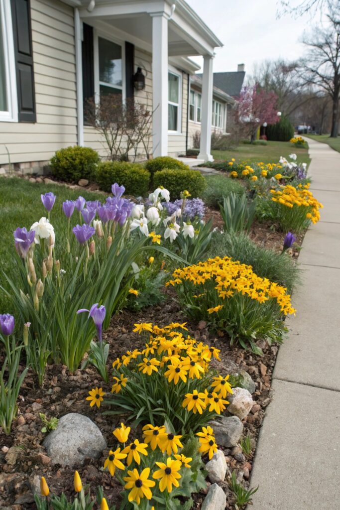 15 Flower Beds in Front of House Ideas That Look Gorgeous Year-Round succession blooming plants flower bed