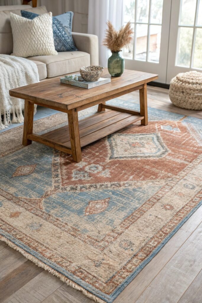 vintage inspired area rug farmhouse living room